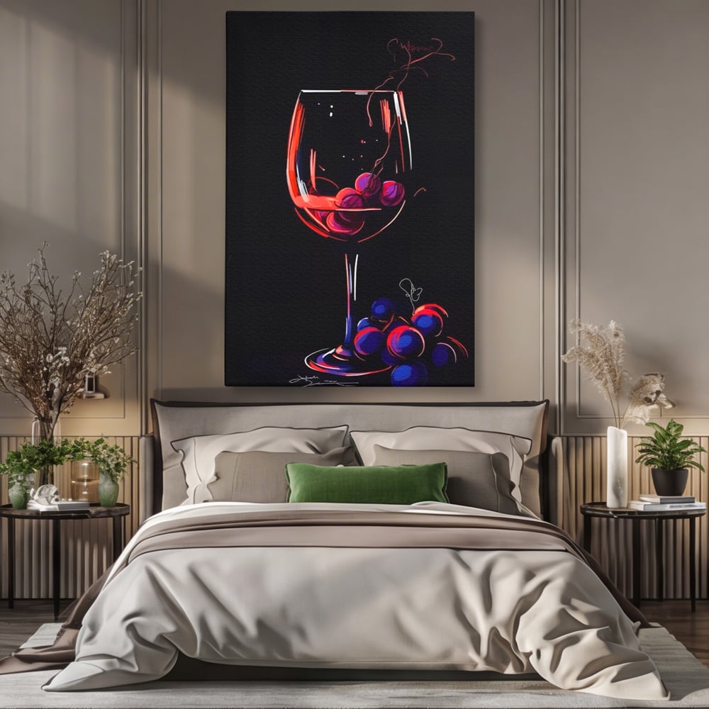 Tablou canvas cu tablou canvas cu pahar de vin si struguri, fara rama, pe sasiu de lemn, pe perete intr-un dormitor